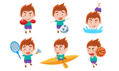 Boy Playing Different Sports Set, Boy Boxing, Playing Soccer, Badminton, Basketball, Swimming, Kayaking Vector Illustration