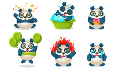 Cute Funny Pandas Characters Set, Adorable Humanized Animals in Different Situations Vector Illustration