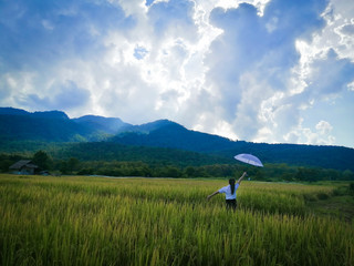 woman with umbrella in the field