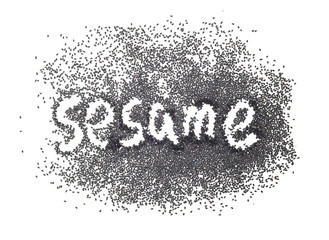 Black sesame seeds on a white background