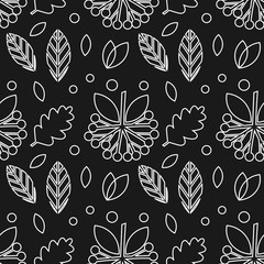 Autumn leaves and fruits black and white outline pattern