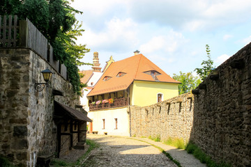 Fototapeta na wymiar Bautzen , Saxony , Germany – August, 9th 2019: Bautzen old town with fortifications and towers natural landscape view