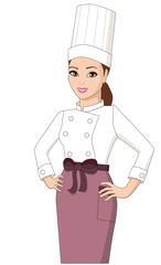 Femme chef confiante et contente en uniforme blanc et toque de cuisine avec le  tablier rose isolé sur fond  blanc