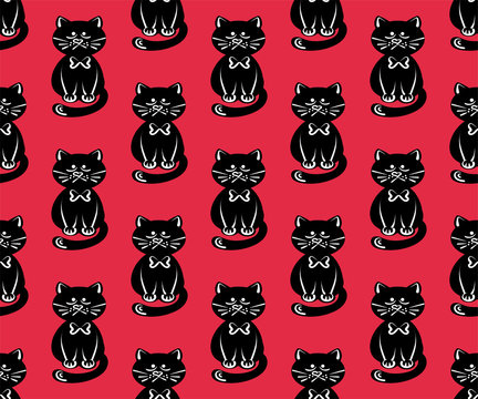 Black cat pattern in modern style on a red background. Beautiful cartoon pattern with cats pattern paper design