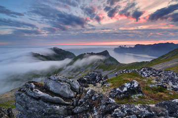 Sunset in the mountains, White nights on mount Husfjellet, Senja island, Norway