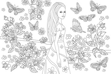 nice girl in blossom garden for your coloring book