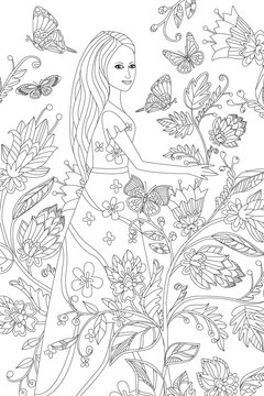 nice girl in fancy flowering garden for your coloring book