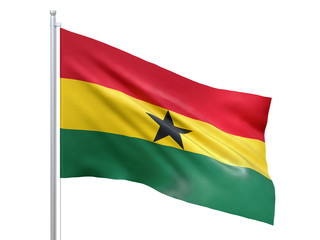Ghana flag waving on white background, close up, isolated. 3D render