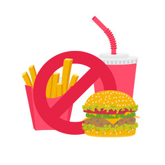 No fast food symbol. Do not eat, drinks. Sign in red circle forbidden. Ban fast food. Warning sticker. Fries and a hamburger and soda. Vector illustration flat design. Isolated on white background.