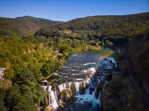 Aerial view of waterfall Strbacki Buk on Bosnia and Herzegovina and Croatia border