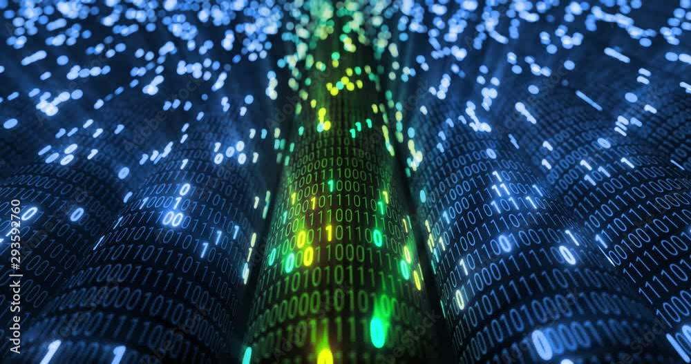 Poster abstract blue and orange digital binary code matrix background with flare. futuristic big data infor