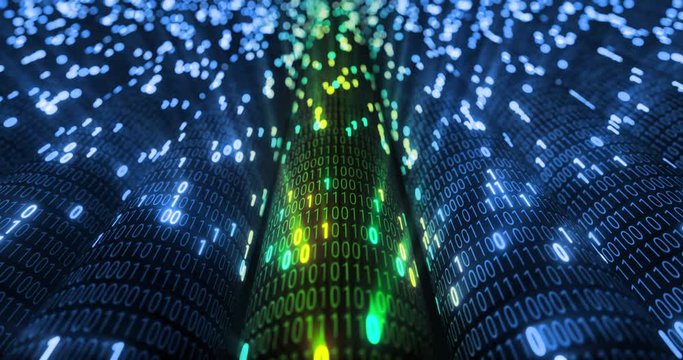 Abstract blue and orange digital binary code matrix background with flare. Futuristic Big data information technology, data center, block chain, server, internet, hi-speed. 3D rendering	