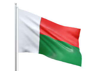 Madagascar flag waving on white background, close up, isolated. 3D render