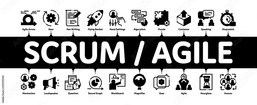 Poster scrum agile minimal infographic web banner vector. agile rocket and document file, gear and package,