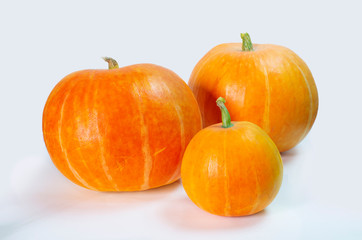 three orange pumpkins on an isolated background, pumpkins of different sizes