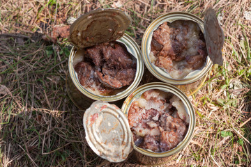 Three open cans of canned beef