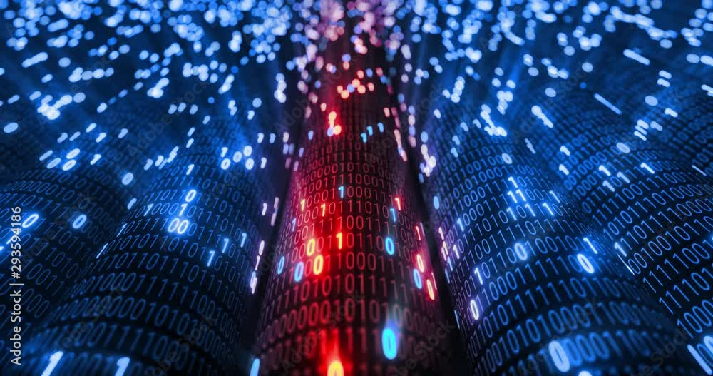 Poster abstract blue and orange digital binary code matrix background with flare. futuristic big data infor