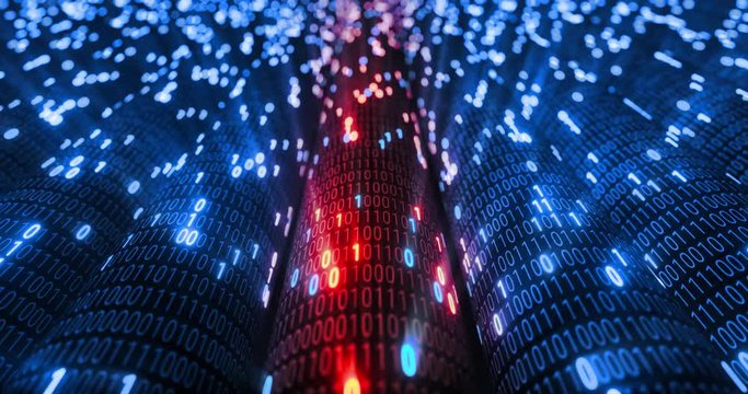 Abstract blue and orange digital binary code matrix background with flare. Futuristic Big data information technology, data center, block chain, server, internet, hi-speed. 3D rendering	