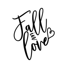 Fall in love- hnadwritten text with hearts. Perfect for greeting cards, posters, textiles, mug and gifts.