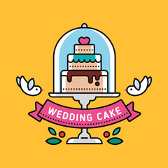 Flat linear vector illustration of a wedding cake with decorations and pigeons