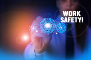 Text sign showing Work Safety. Business photo showcasing policies and procedures in place to ensure health of employees Woman wear formal work suit presenting presentation using smart device