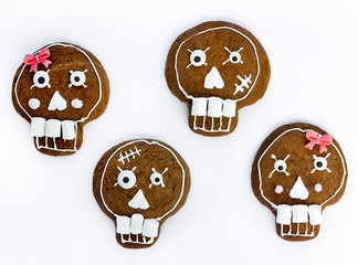 Halloween skull chocolate cookies isolated on white background