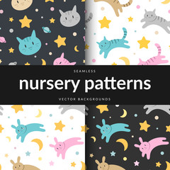 Collection of cute seamless vector patterns for babies and kids. Pastel colorful simple illustrations of cats, rabbits, moon and stars for nursery room. Good for textile fabric print or wrapping paper