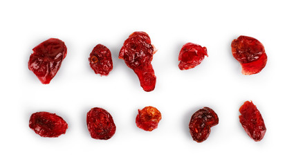 Set of dried cranberries on a white background