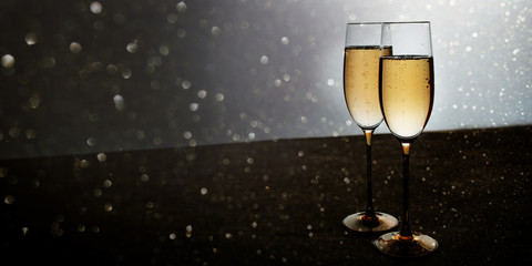 Champagne on old gray stone plate