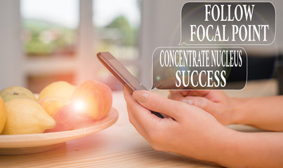 Text sign showing Follow Focal Point Concentrate Nucleus Success. Business photo text Concentration look for target woman using smartphone office supplies technological devices inside home