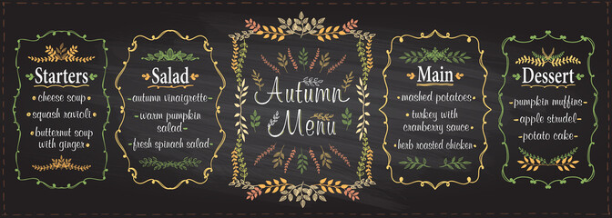 Autumn season chalk menu set - starters, salad, main and dessert - obrazy, fototapety, plakaty