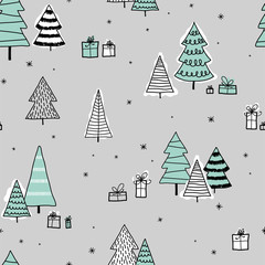 Materiał do szycia Beautiful and cute christmas trees seamless pattern, hand drawn and decorated trees - great for textiles, banners, wallpapers, cards - vector surface design