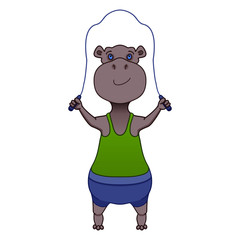  funny hippopotamus warms up on a skipping rope