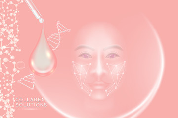 Hyaluronic acid skin solutions ad, pink collagen serum drop with cosmetic advertising background ready to use, illustration vector.