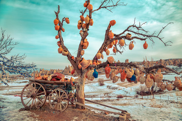 Fototapeta na wymiar Decorative jugs on a tree and an old cart.