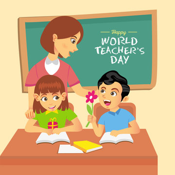 Happy World Teacher's Day cartoon illustration. Suitable for greeting card, poster and banner
