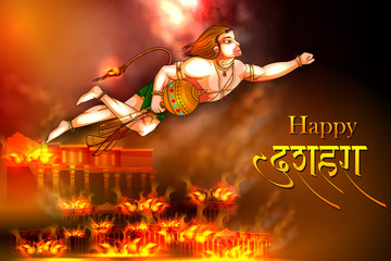 easy to edit vector illustration of Lord Hanuman with Hindi massage meaning Happy Dussehra background showing festival of India - 293600720