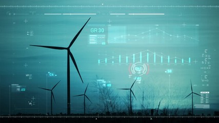 Silhouette of a wind turbine for renewable electric power maker with HUD cyber futuristic user interface concept with dark and grain processed