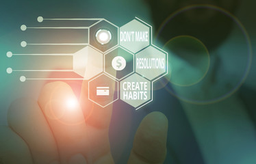 Text sign showing Don T Make Resolutions Create Habits. Business photo showcasing Routine for everyday to achieve goals Male human wear formal work suit presenting presentation using smart device