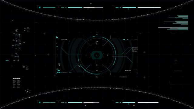 HUD user interface with dot bar graph and rule the cyber futuristic concept for video overlay with dark and grain processed