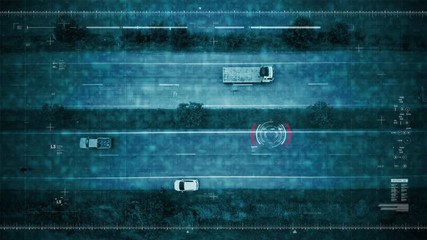 Aerial view scenic landscape of the traffic road with cyber technology futuristic HUD drone user interface dark and grain processed