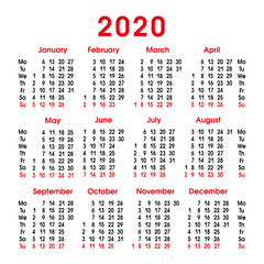 2020 calendar. vertical grid