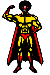 アフロヒーロー,筋肉,マスク,仮面,マッチョ,ポーズ,全身,マント,白背景,版画,喜怒哀楽,表情