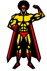 アフロヒーロー,筋肉,マスク,仮面,マッチョ,ポーズ,全身,マント,白背景,版画,喜怒哀楽,表情