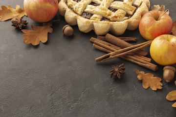 High angle assortment with tasty pie and apples