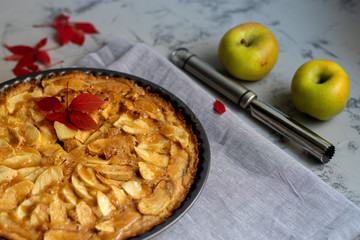 Charlotte apple pie in a round shape, decorated with fan-laden apple slices from the top, two whole apples, autumn leaves, all on a light, marbled-gray background