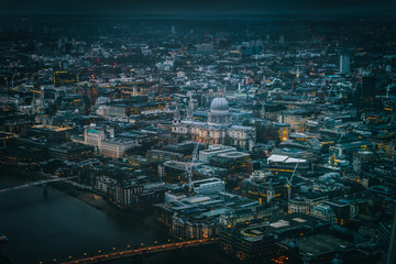 Aerial view of the City of London at dusk