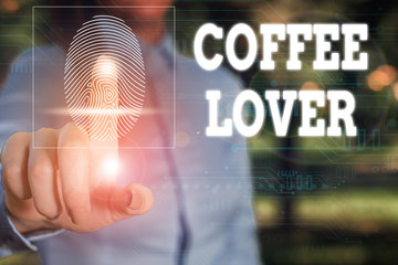 Conceptual hand writing showing Coffee Lover. Concept meaning a demonstrating who loves or has a fondness of drinking coffee Woman wear work suit presenting presentation smart device