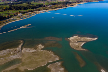 Reservoir Forggensee with little water and sandbanks, Schwangau, Füssen region, Ostallgäu, Bavaria, Germany