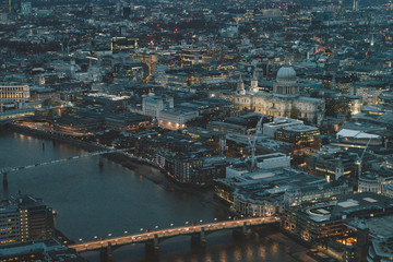 Aerial view of the City of London at dusk